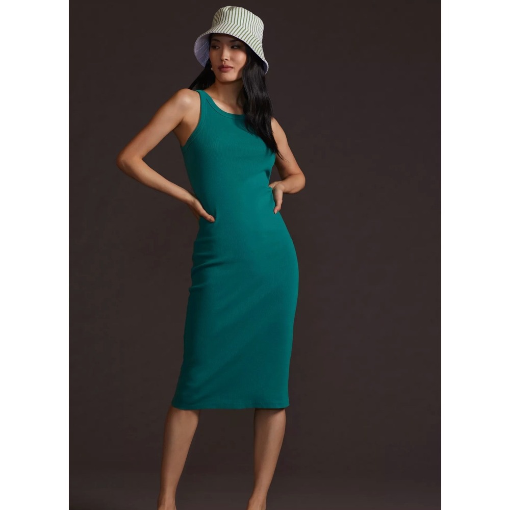 MOTHER Chin Ups Ribbed Tank Midi Dress Green Bodycon Minimalist Casual Chic